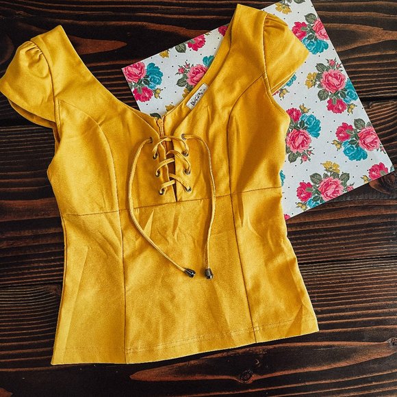 Duca Tops - DUCA YELLOW-LACE UP BLOUSE SZ M